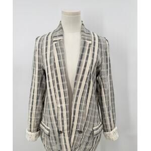Anthropologie Elevenses Ivory Black Stripe Jacket Cotton Blazer Crochet Cuffs S